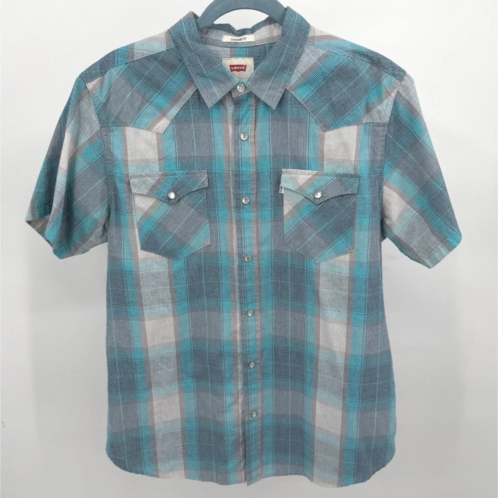 Levis Mens M Shirt Blue Grey Western‎ Plaid Short Sleeve Pearl Snap
